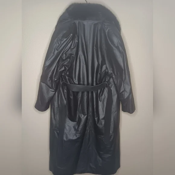 Vintage CAROLE LITTLE Women's L Trench Coat Belted Black Fur Collar Penny - Picture 5 of 6